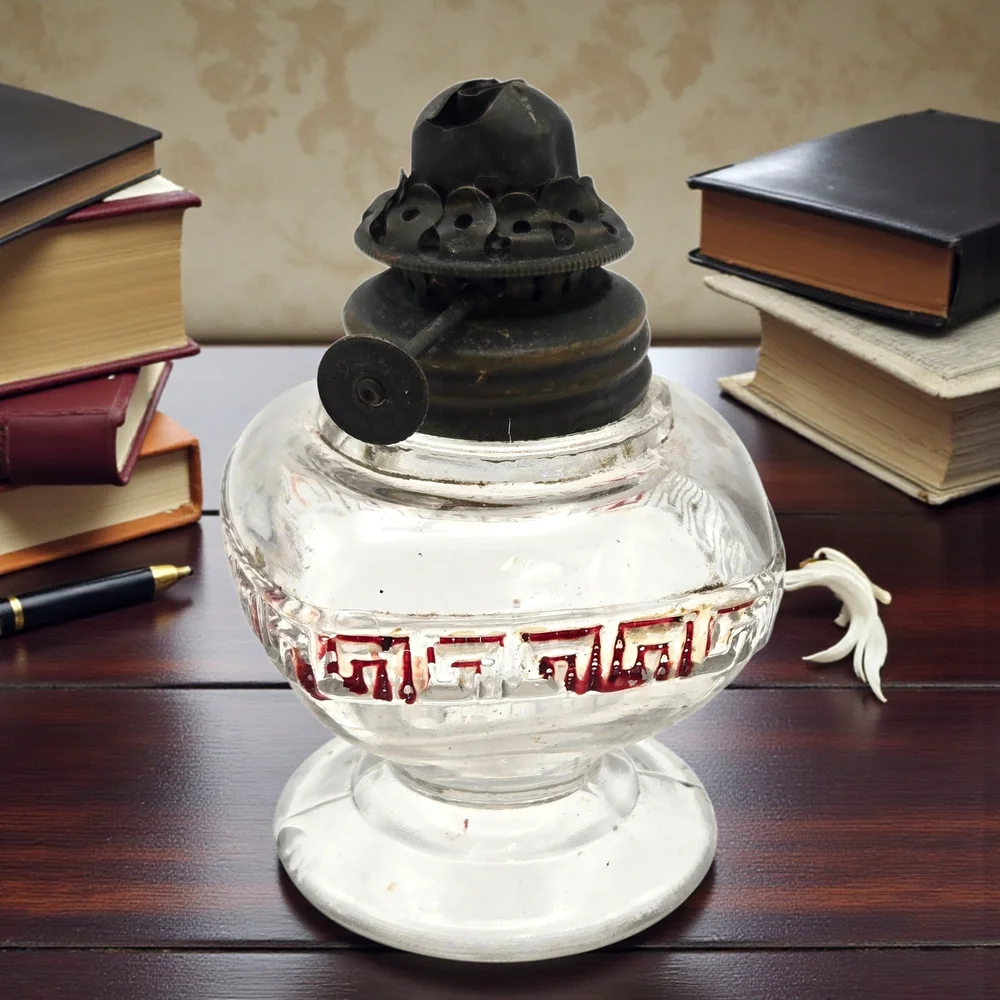Antique Miniature Oil Lamp Pressed Glass Greek Key Red Stain 3.75”